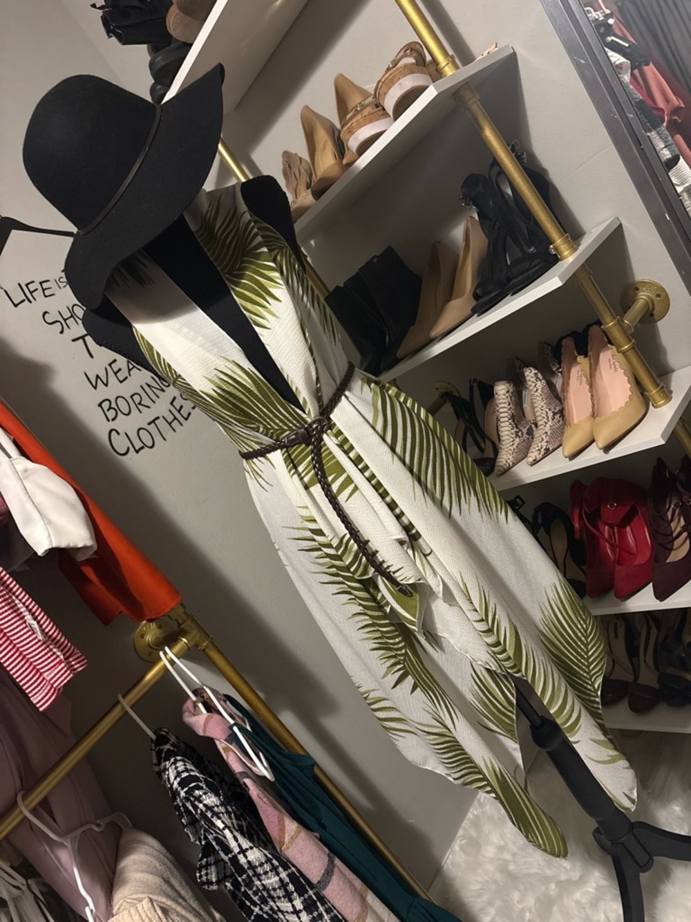 Palm-Print Midi Wrap Dress in White and Olive